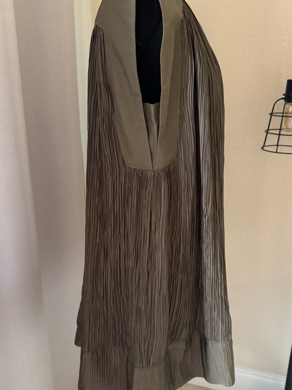 Anthropologie Plissé Mini Dress Olive Brown Pleated Shift Dress Size Small - Picture 5 of 10